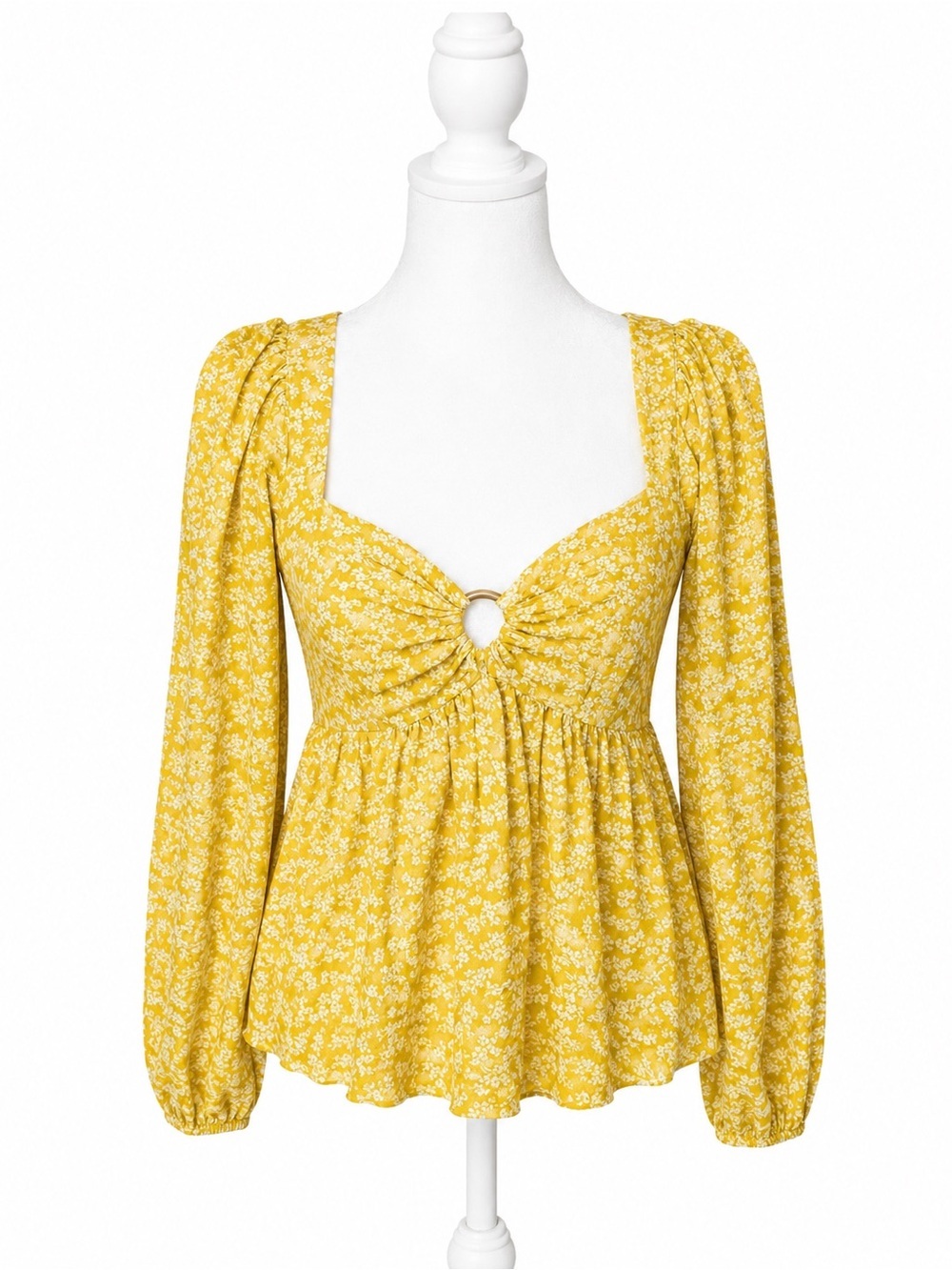 American Eagle Yellow Floral Ring-Front Long Sleeve Peplum Top